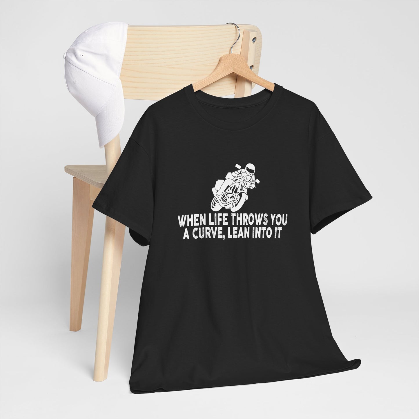 Motivational Motorcycle Unisex Heavy Cotton Tee - 'When Life Throws You a Curve, Lean Into It' T-Shirt - CHILL T-SHIRT