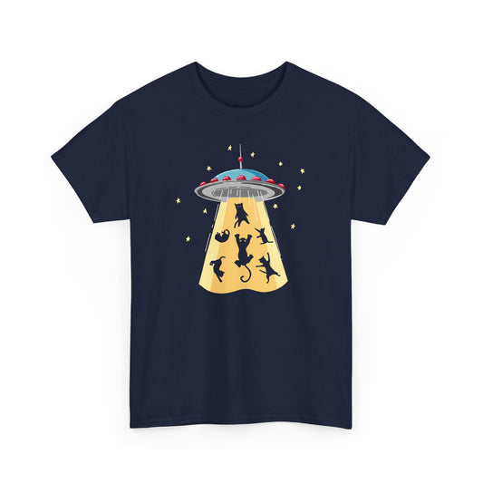 Alien Cat Abduction Unisex Heavy Cotton Tee – Fun Graphic T-Shirt for Cat Lovers & Sci-Fi Fans - CHILL T-SHIRT