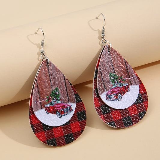 PU Leather Plaid Teardrop Earrings - CHILL T-SHIRT