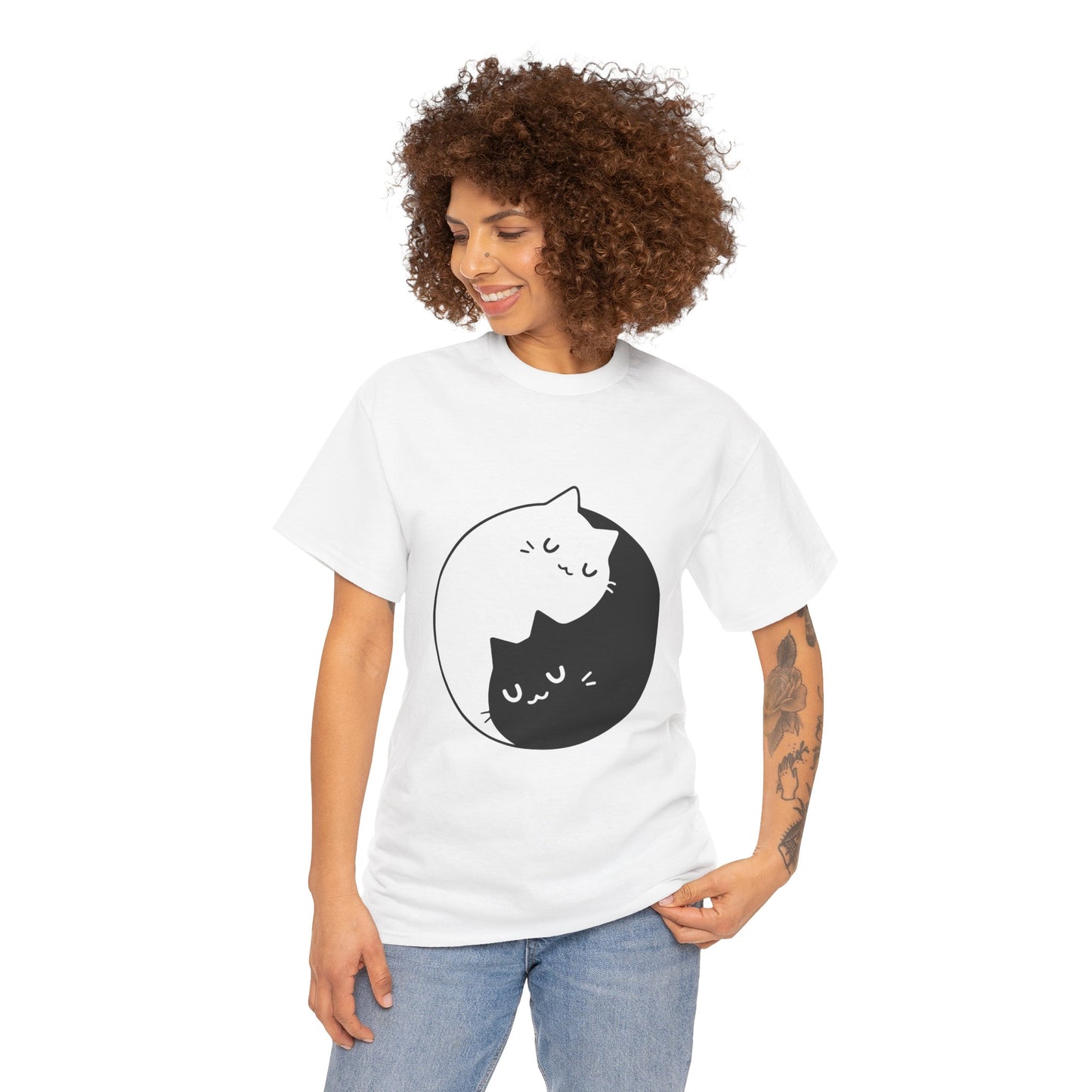 Cute Cat Yin Yang Unisex Heavy Cotton Tee